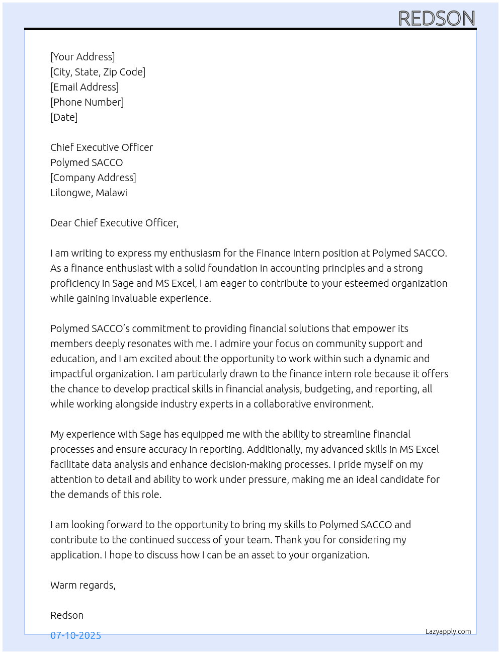 Finance Intern At Polymed SACCO Cover Letter
