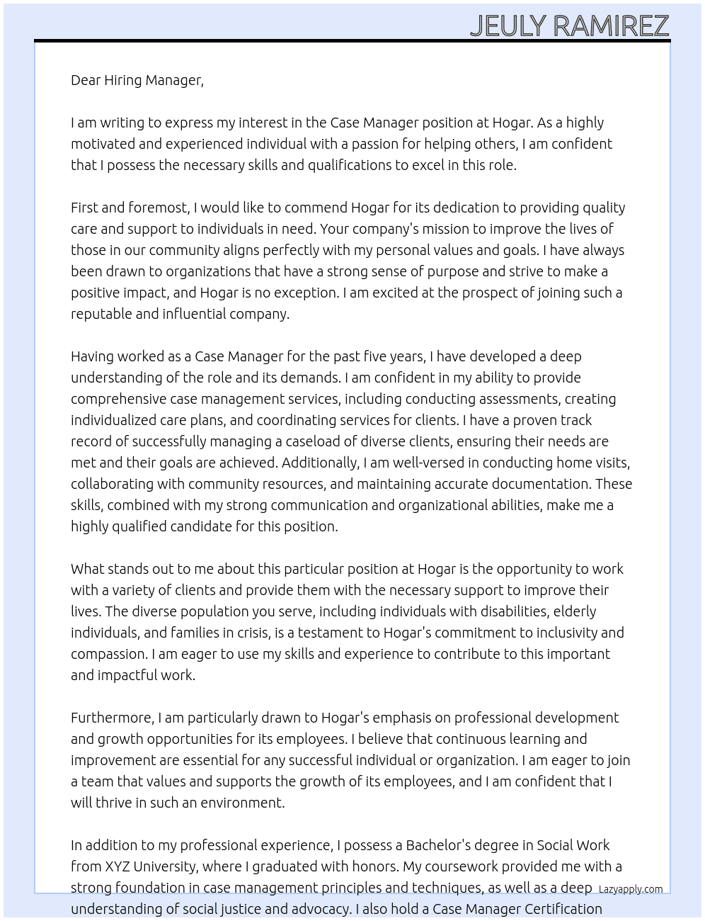 Case manager  At Hogar Cover Letter
