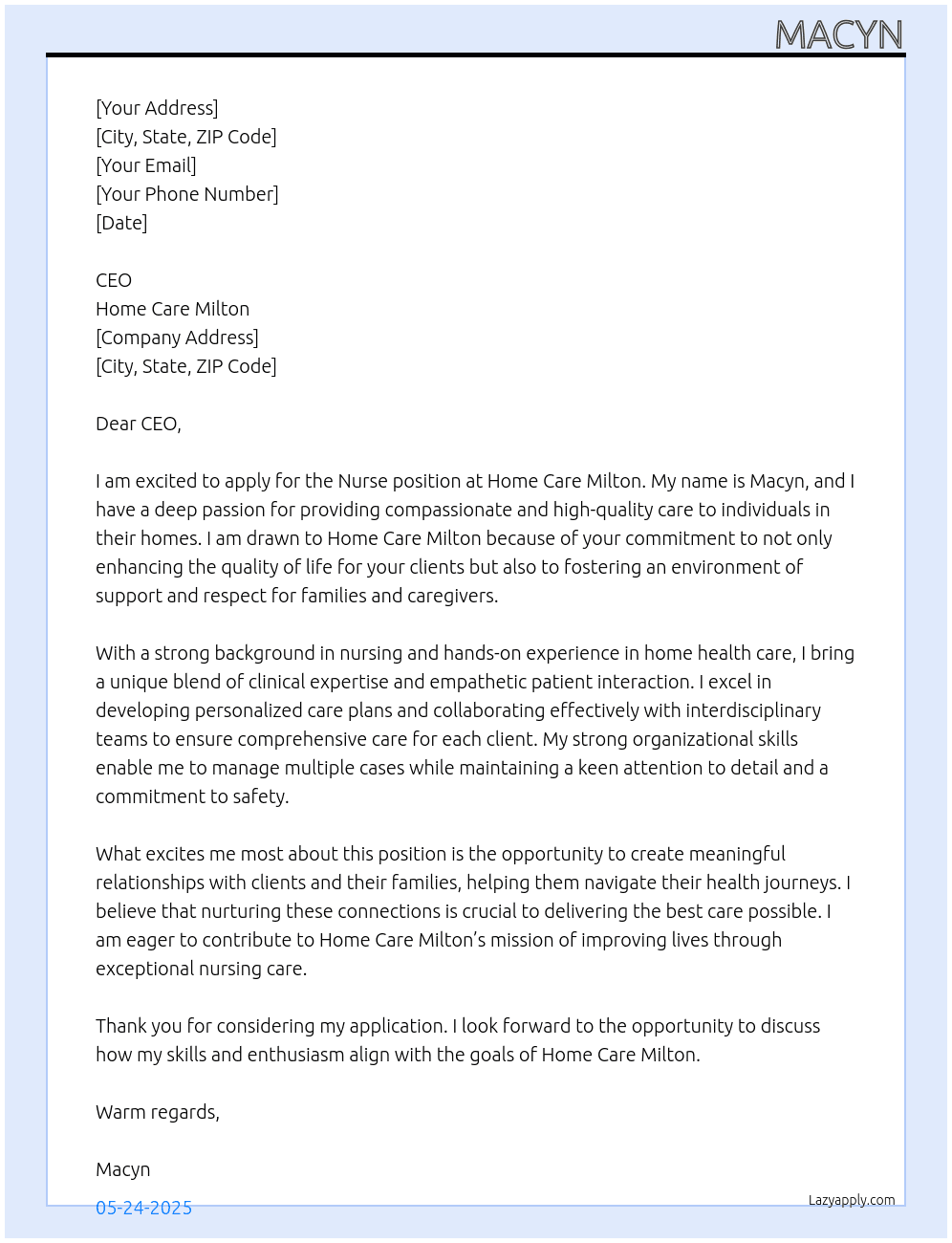 Nurse  At Home Care Milton Cover Letter