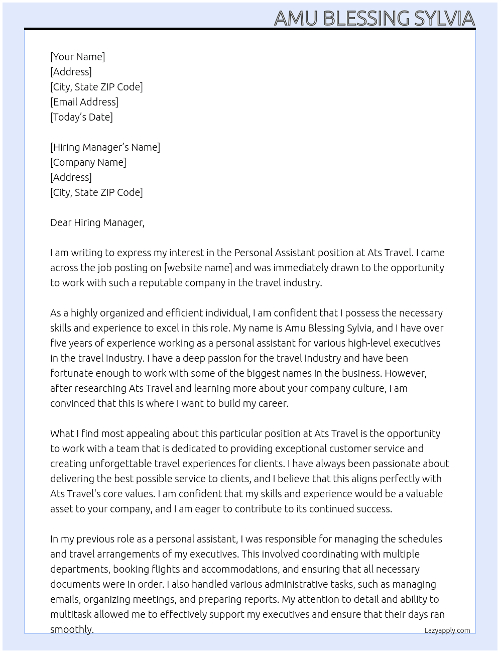 Personal assistant  At Ats travel Cover Letter
