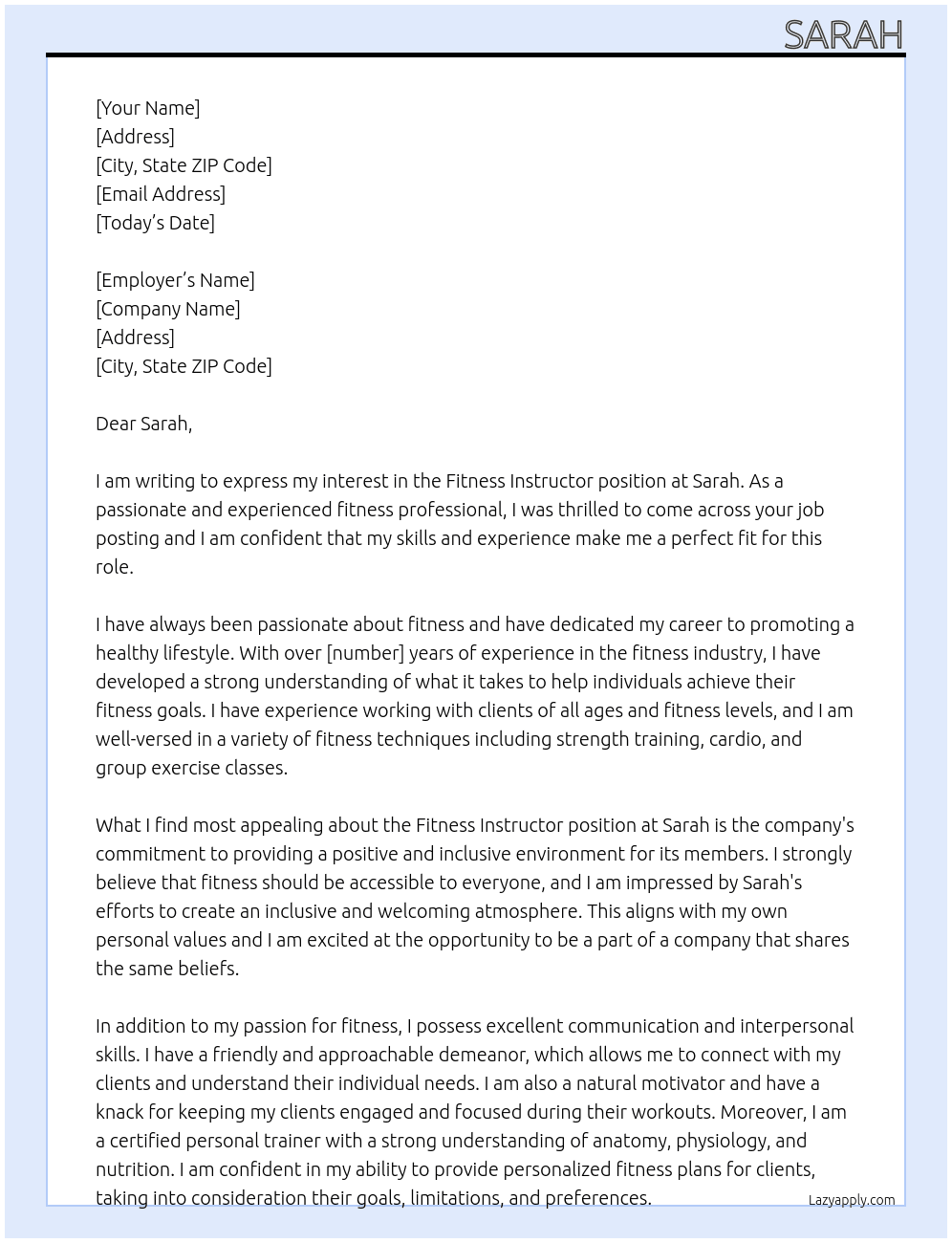 fitness instructor At Sarah Cover Letter