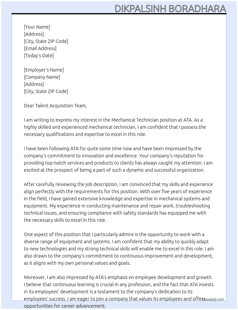 Mechanical Technician At ATA Cover Letter