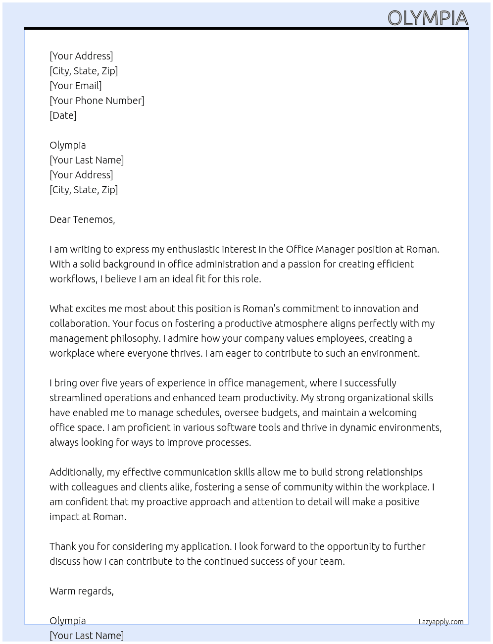 Office Manager At Roman Cover Letter