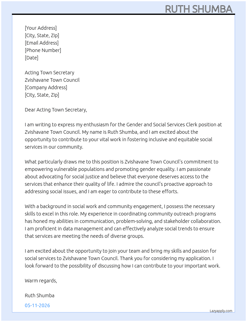 Gender and social services clerk  At Zvishavane town council  Cover Letter
