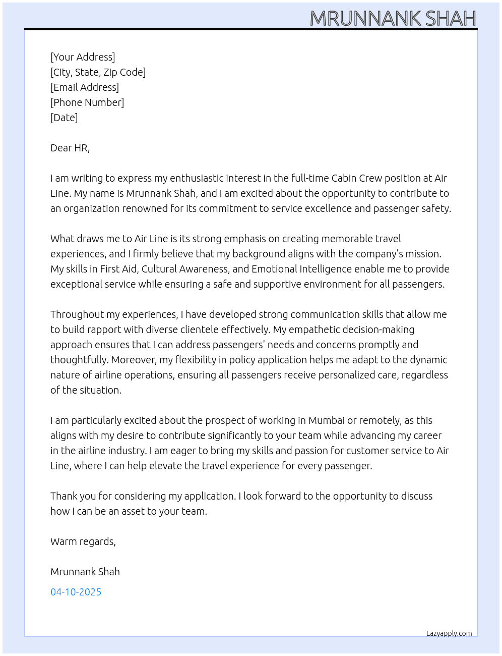 Cabin crew  At Air line  Cover Letter