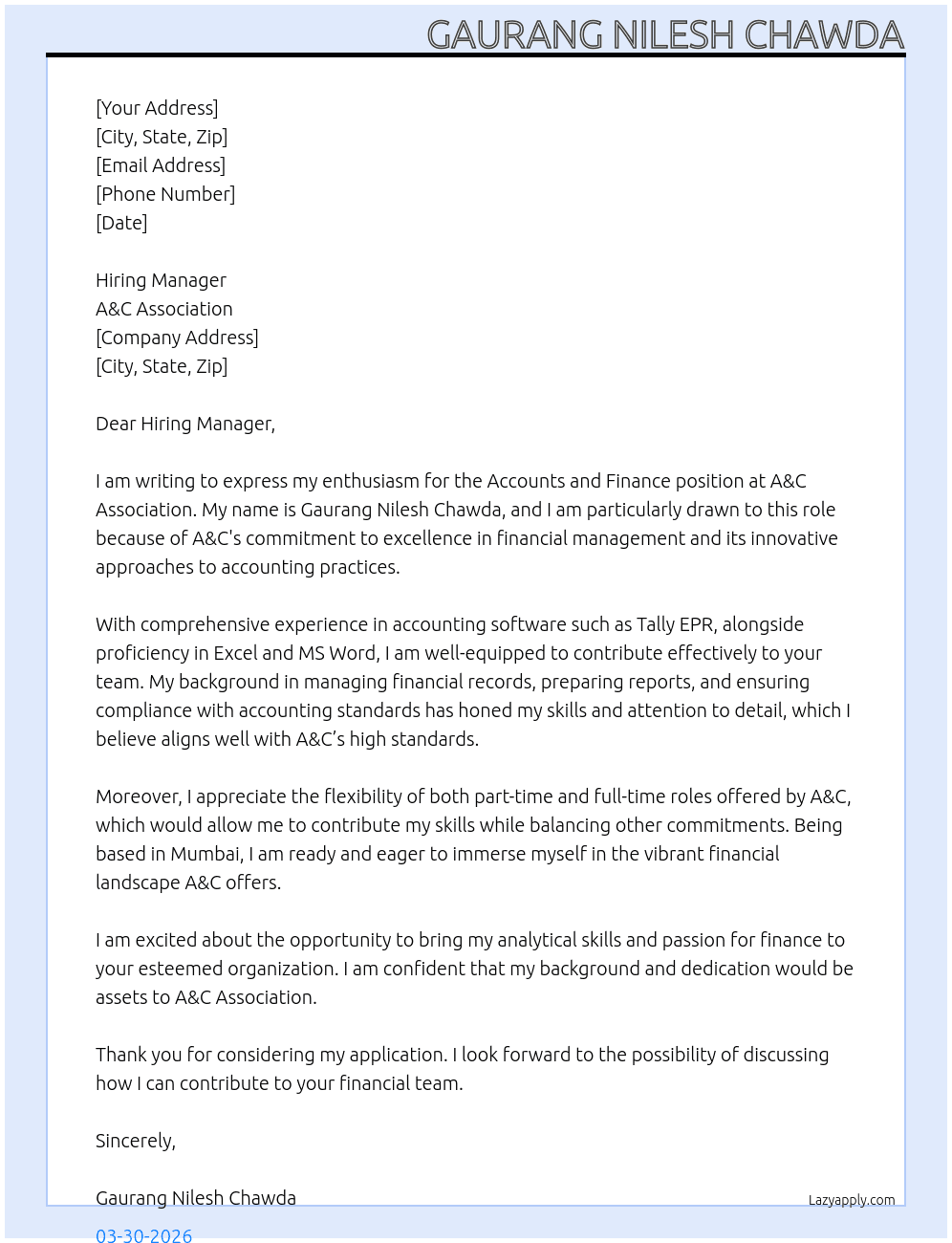 Accounts and finance At A&C association Cover Letter