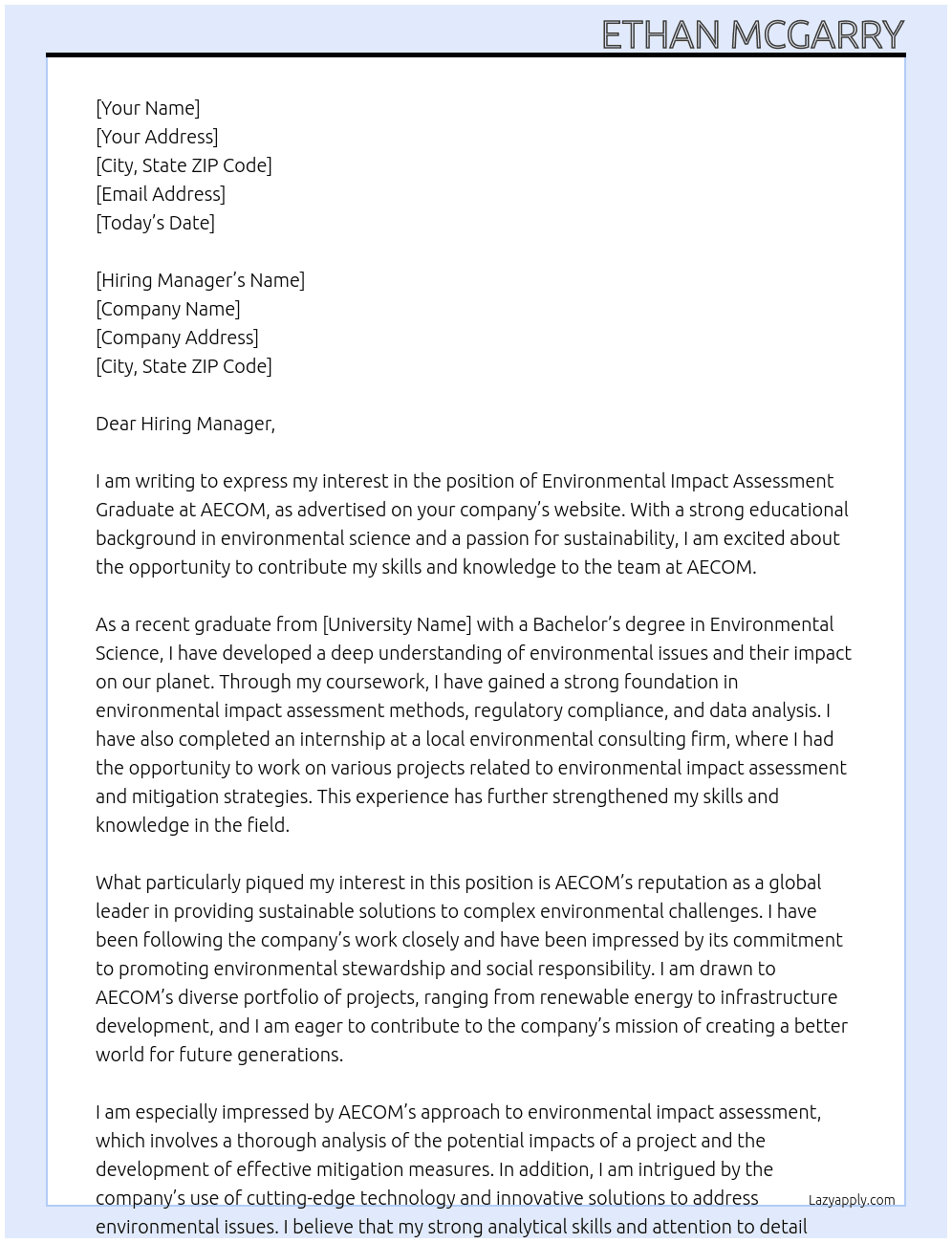 Cover letter for environmental impact assessment graduate - LazyApply