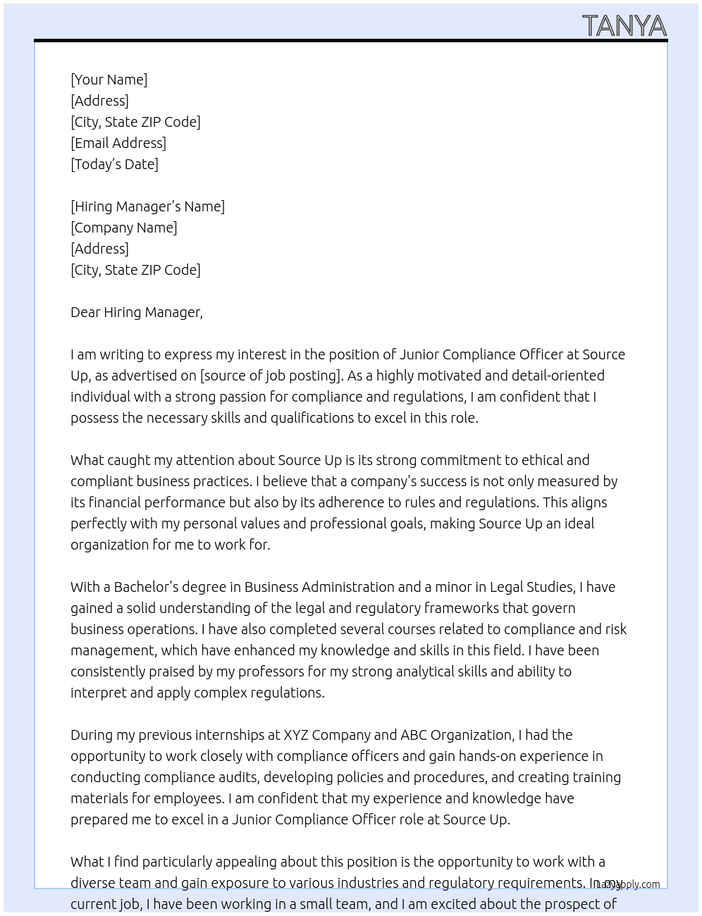 Junior Compliance Officer At Source Up Cover Letter