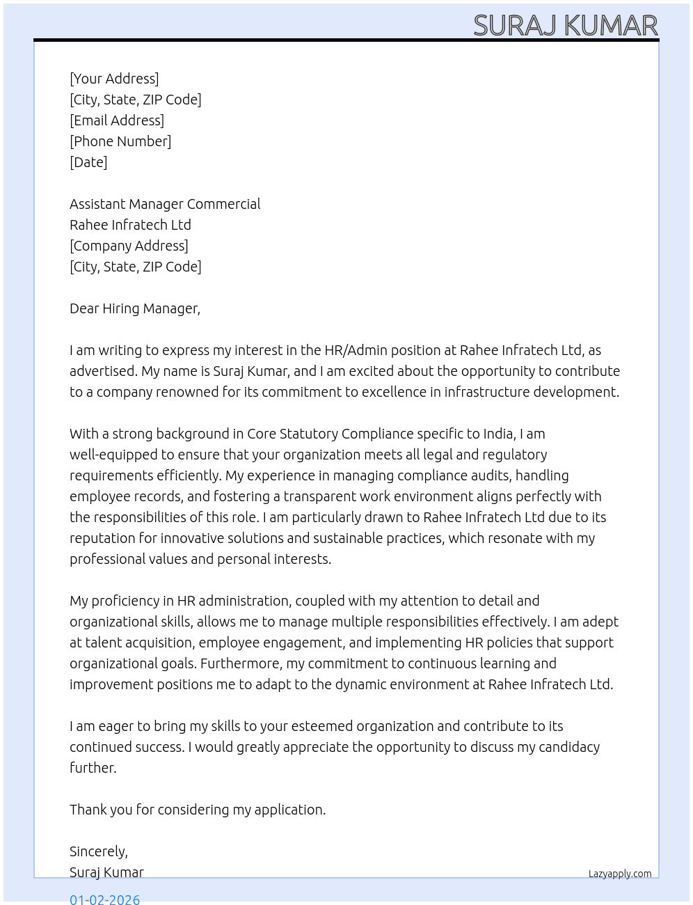 HR/Admin  At Rahee Infratech Ltd Cover Letter