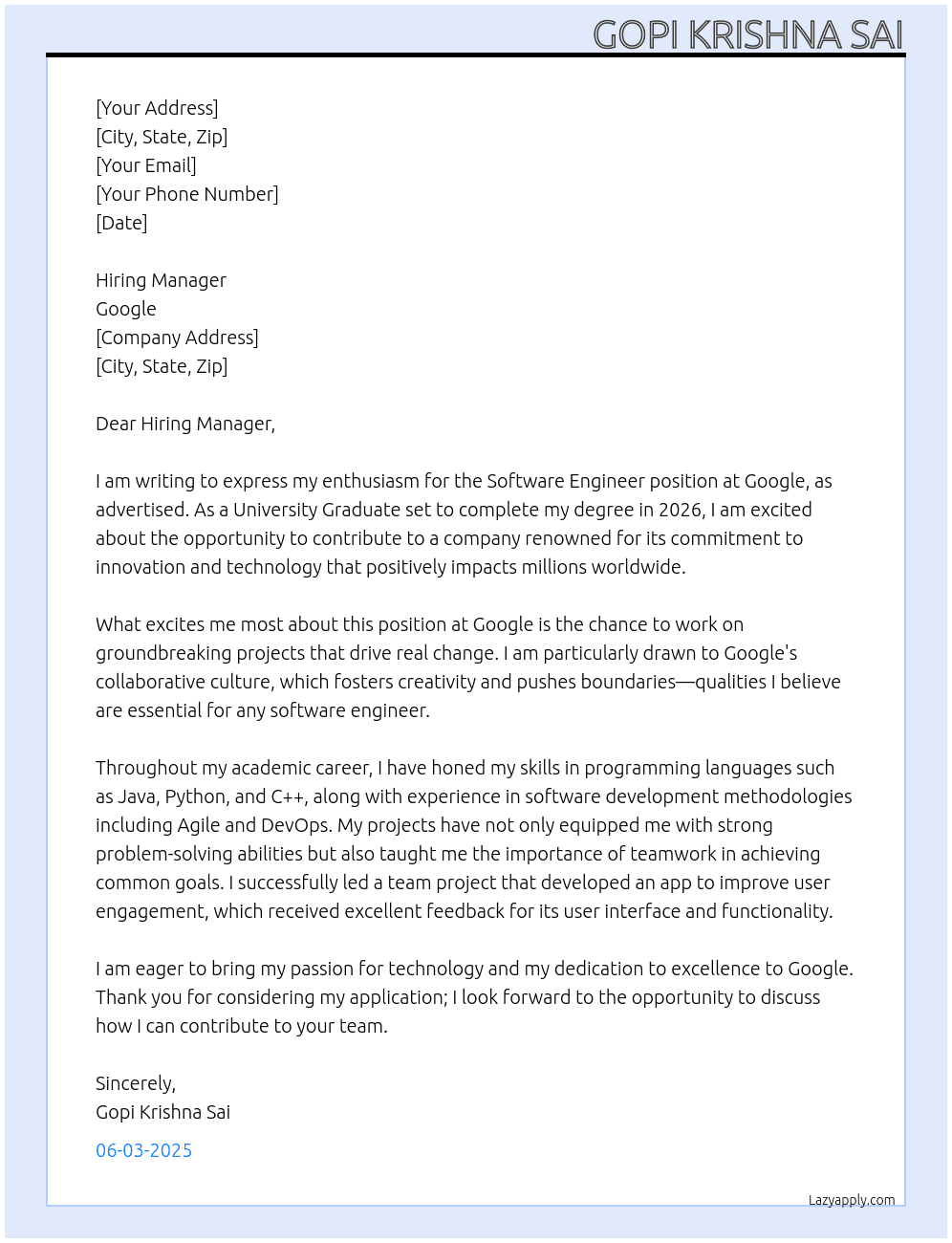 Cover letter for software engineer, university graduate, 2026 - LazyApply