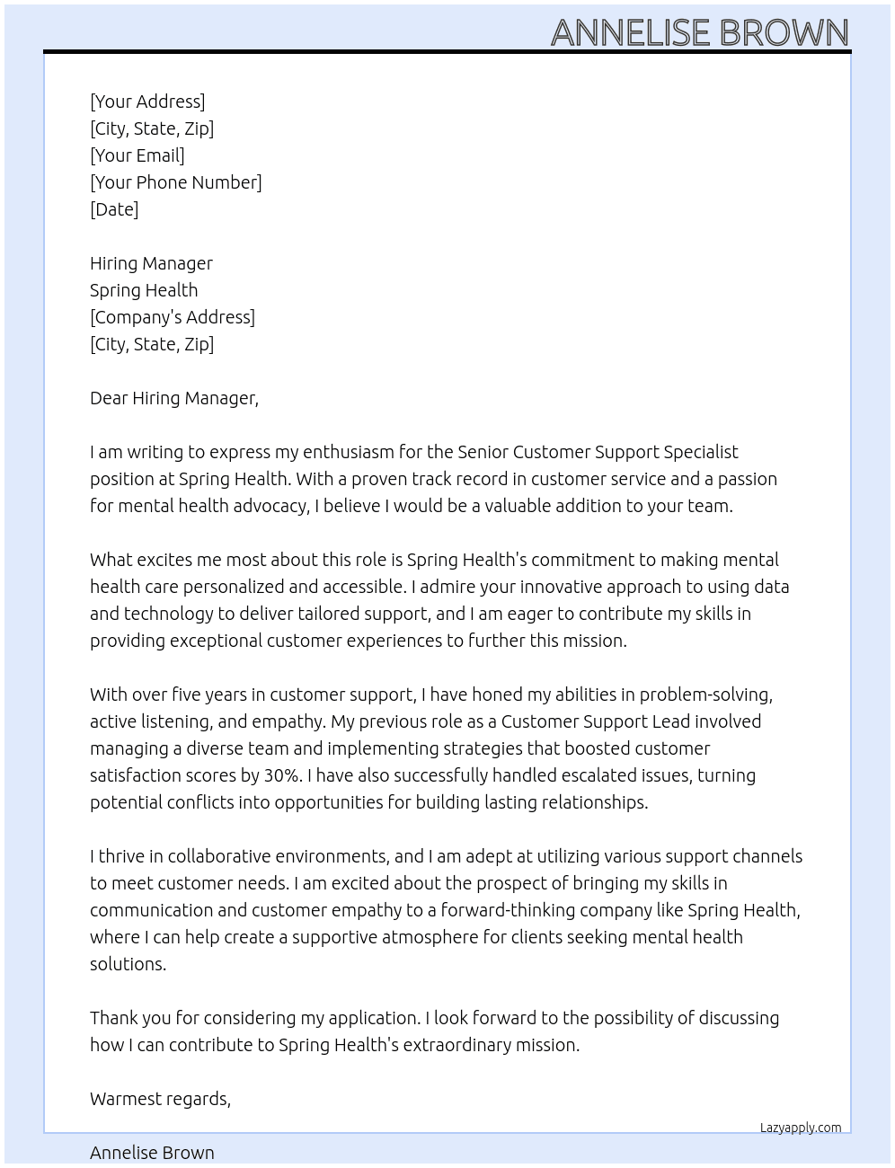Senior Customer Support Specialist At Spring Health Cover Letter