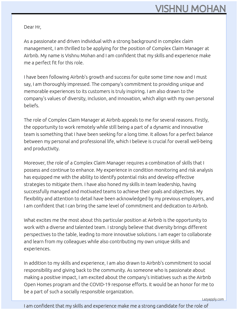 Cover letter for complex claim manager - LazyApply