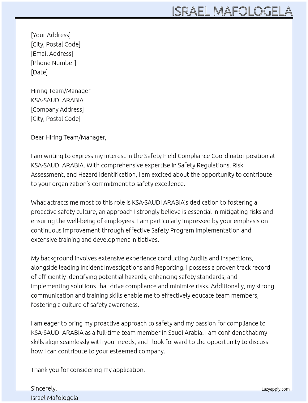 Safety Field Compliance Coordinator At KSA-SAUDI ARABIA Cover Letter