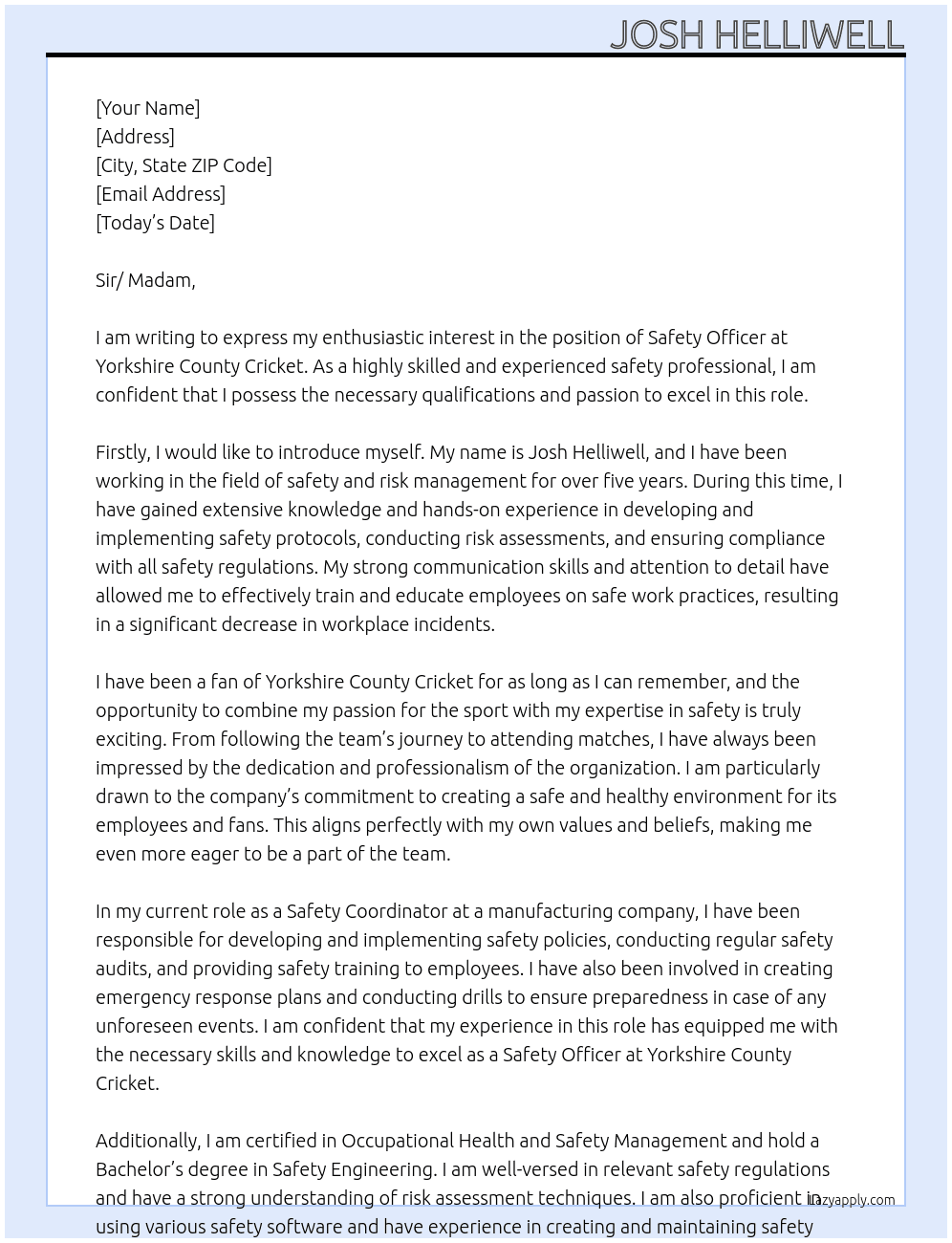 Safety Officer At Yorkshire County Cricket Cover Letter