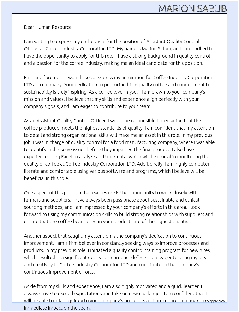 Cover letter for assistant quality control officer - LazyApply