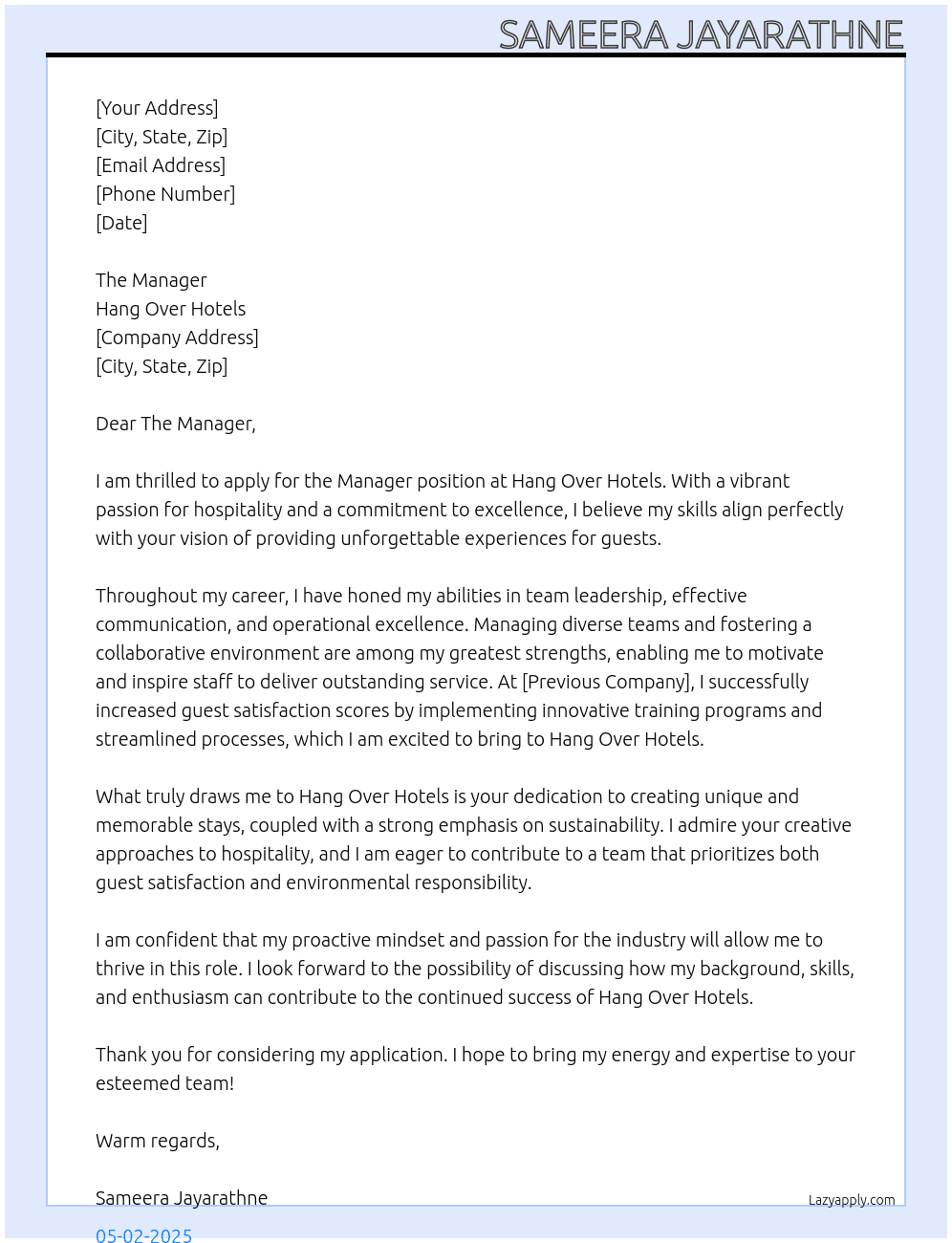 Manager At Hang Over Hotels Cover Letter
