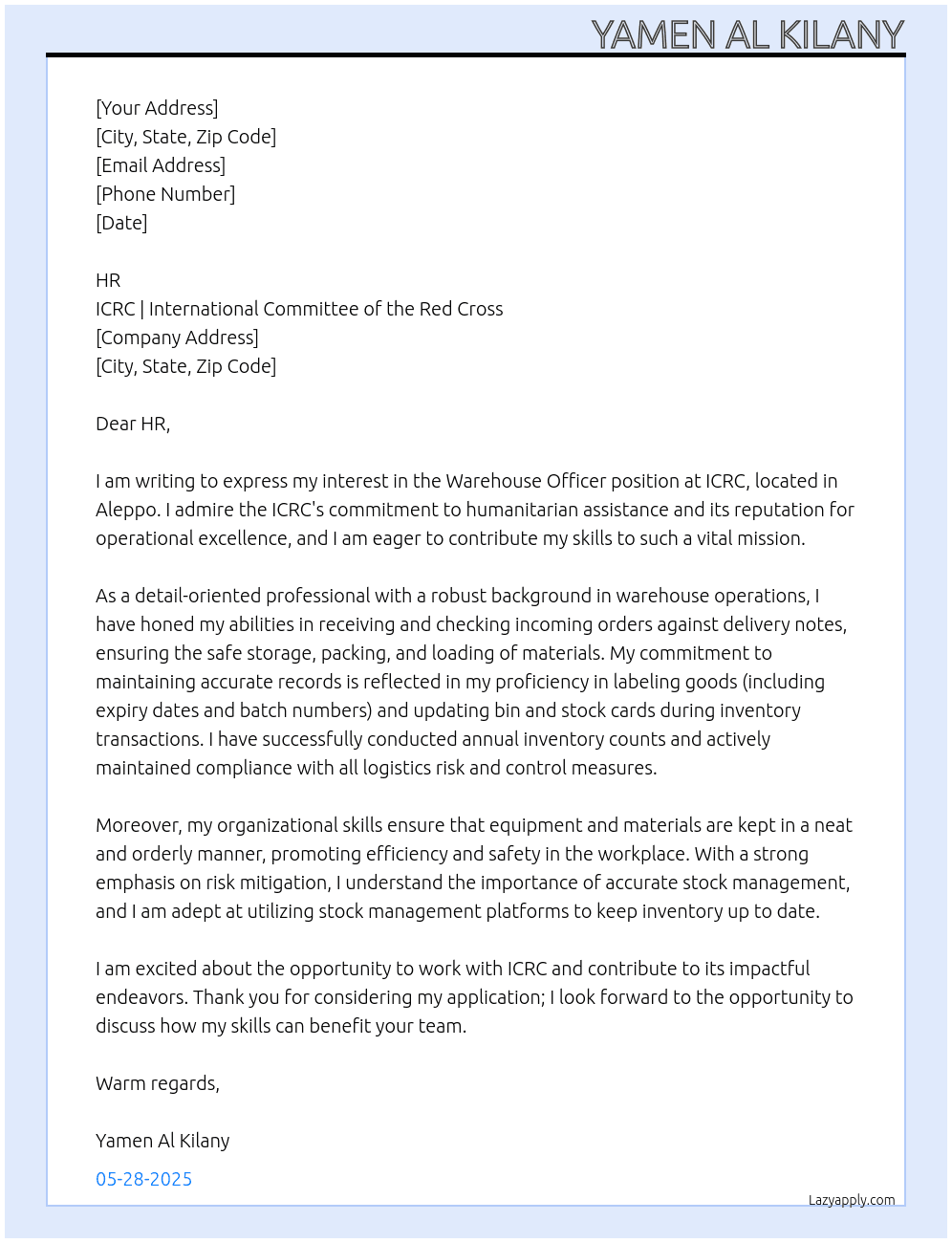 Warehouse Officer At ICRC | International Committee of the Red Cross Cover Letter