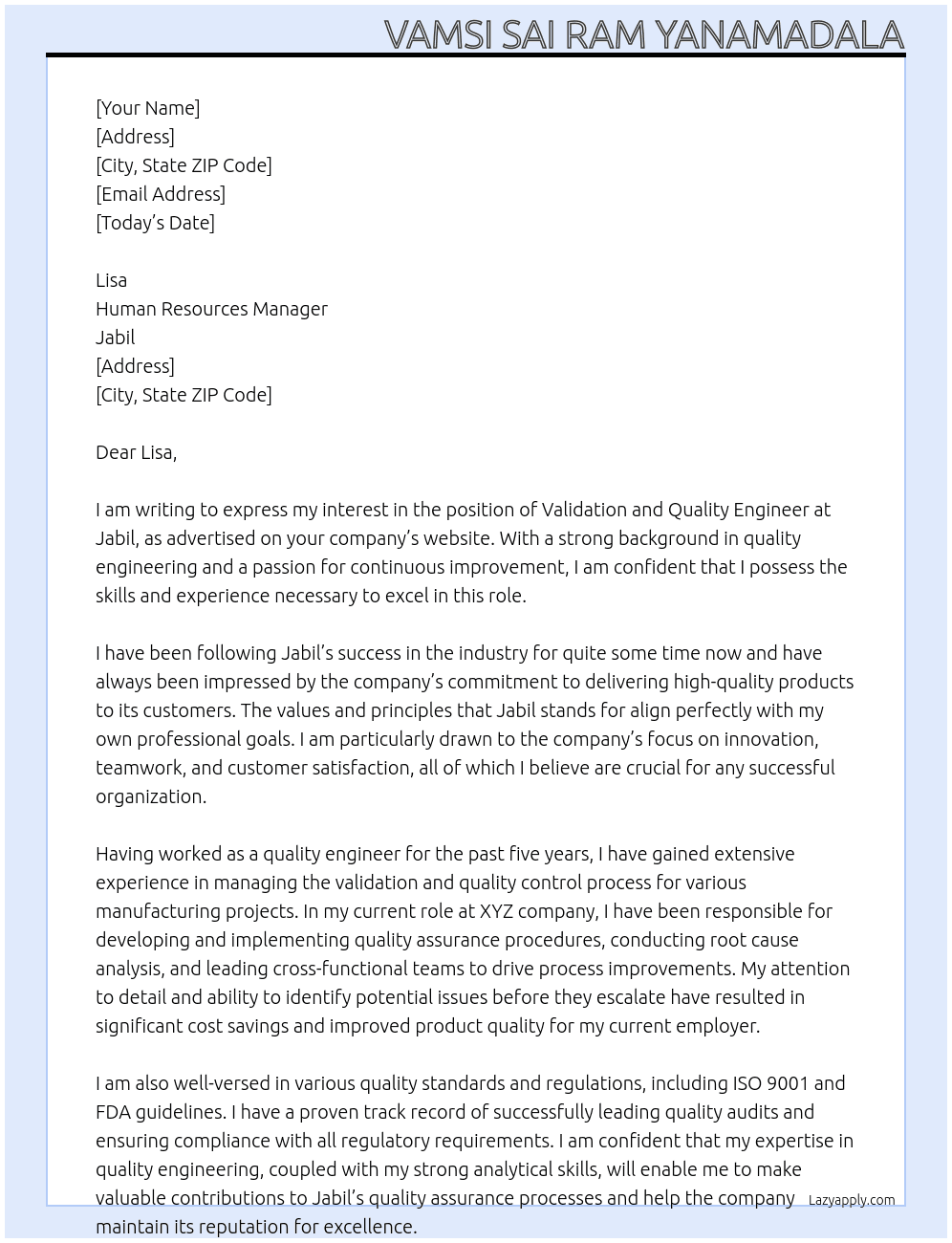 Cover letter for validation and quality engineer - LazyApply