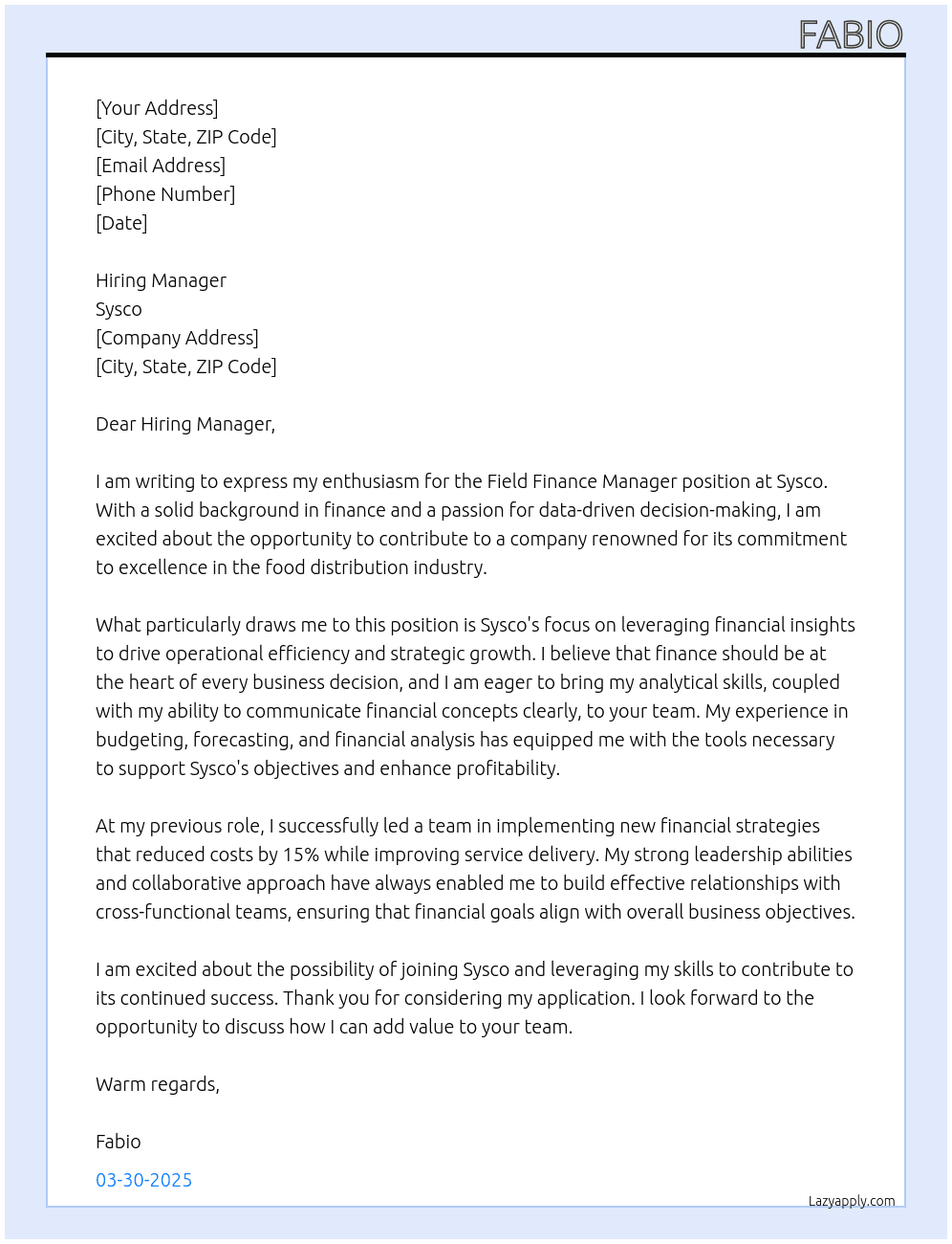 Field Finance Manager At Sysco Cover Letter