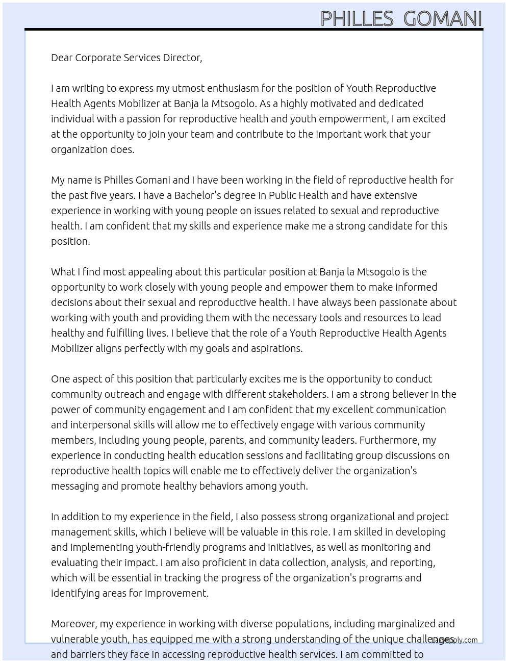 YOUTH REPRODUCTIVE HEALTH AGENTS MOBILizers At Banja la Mtsogolo Cover Letter