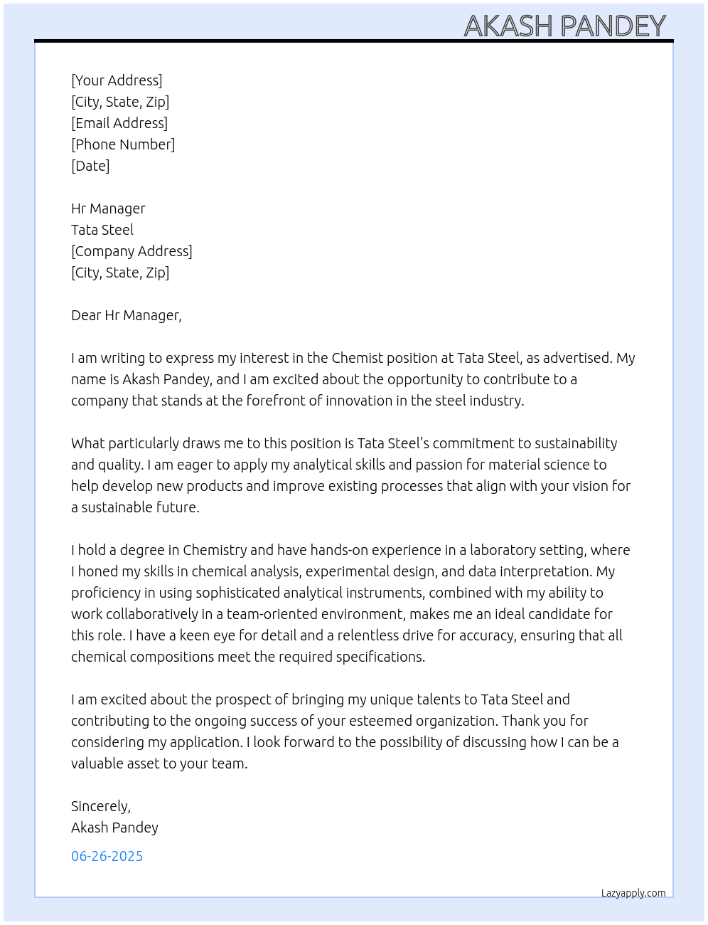 Chemist At Tata steel Cover Letter