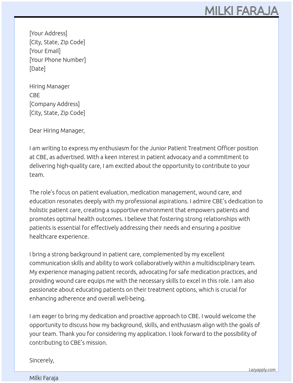 Junior Patient Treatment Officer  At CBE Cover Letter