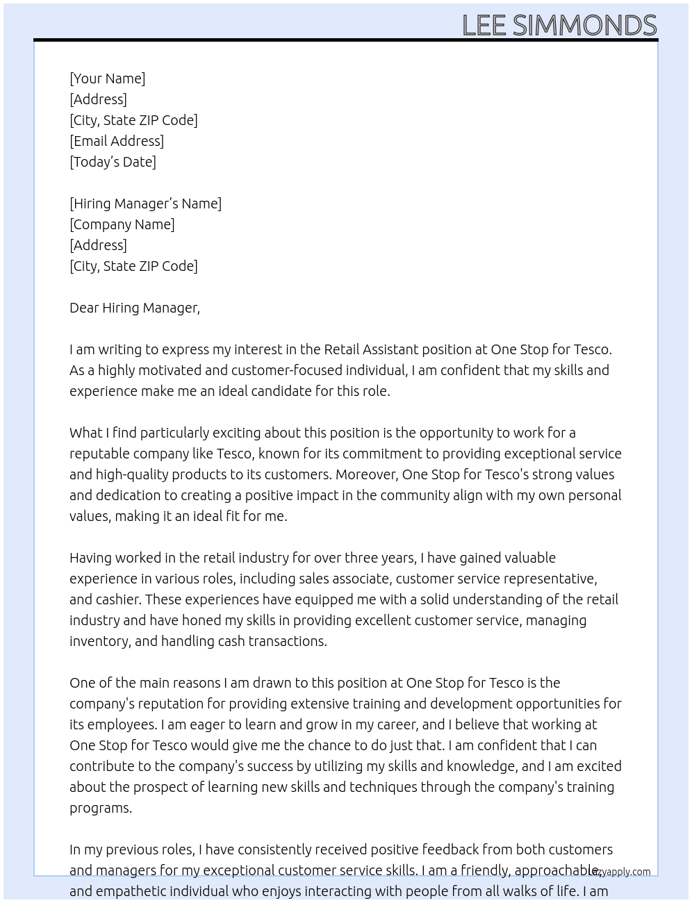 Retail Assistant At One Stop for Tesco Cover Letter