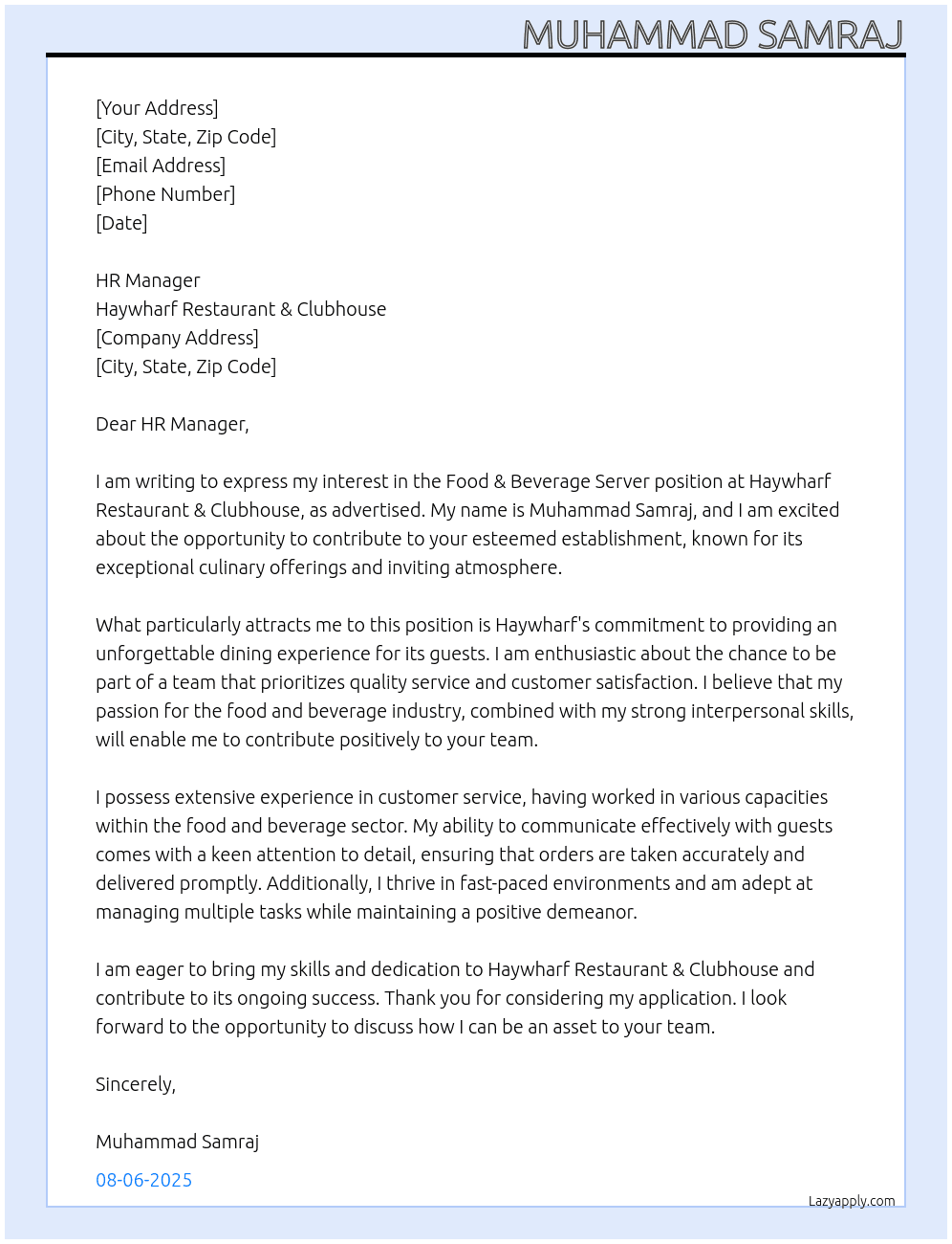 Cover letter for food & beverage servers - LazyApply
