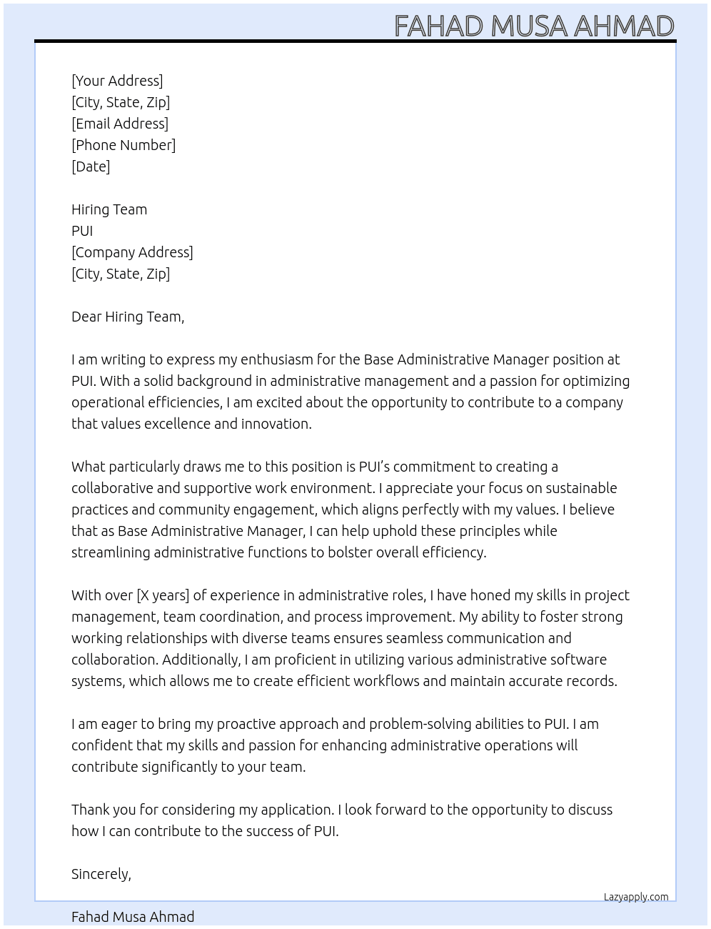 Cover letter for base administrative manager - LazyApply