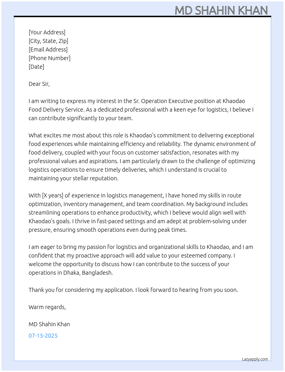 Sr Operation Executive  At Khaodao Food Delivery Service Cover Letter
