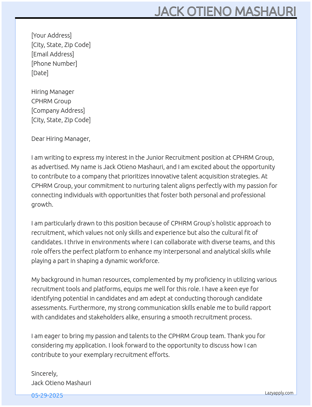 Junior Recruitment At CPHRM Group Cover Letter