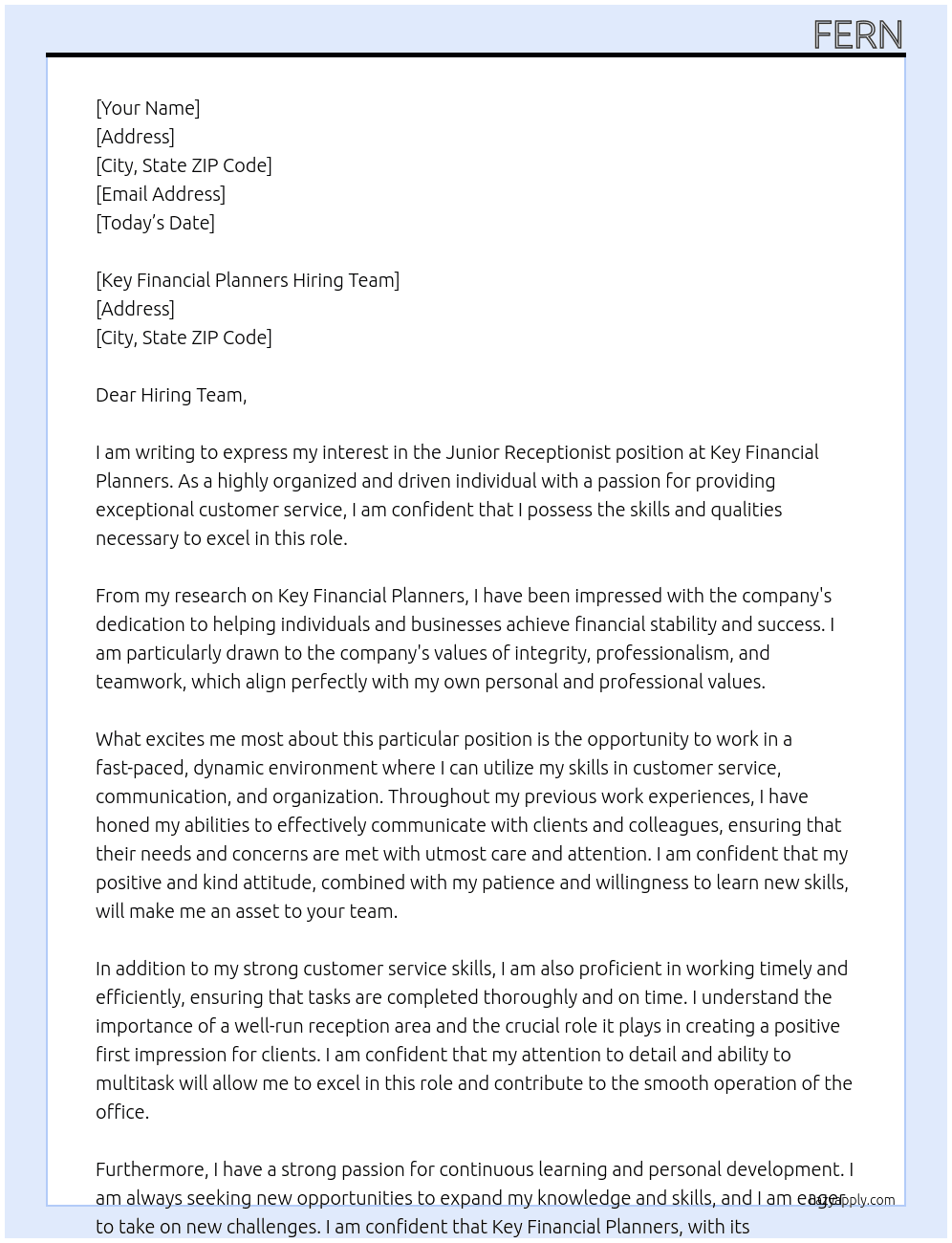 Cover letter for junior receptionist - LazyApply