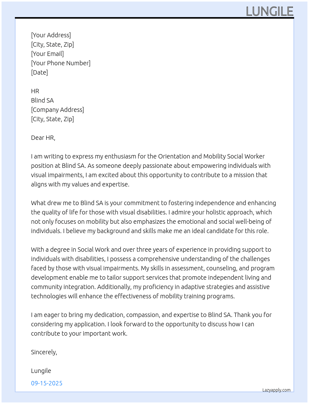 Orientation and Mobility social worker At Blind SA Cover Letter