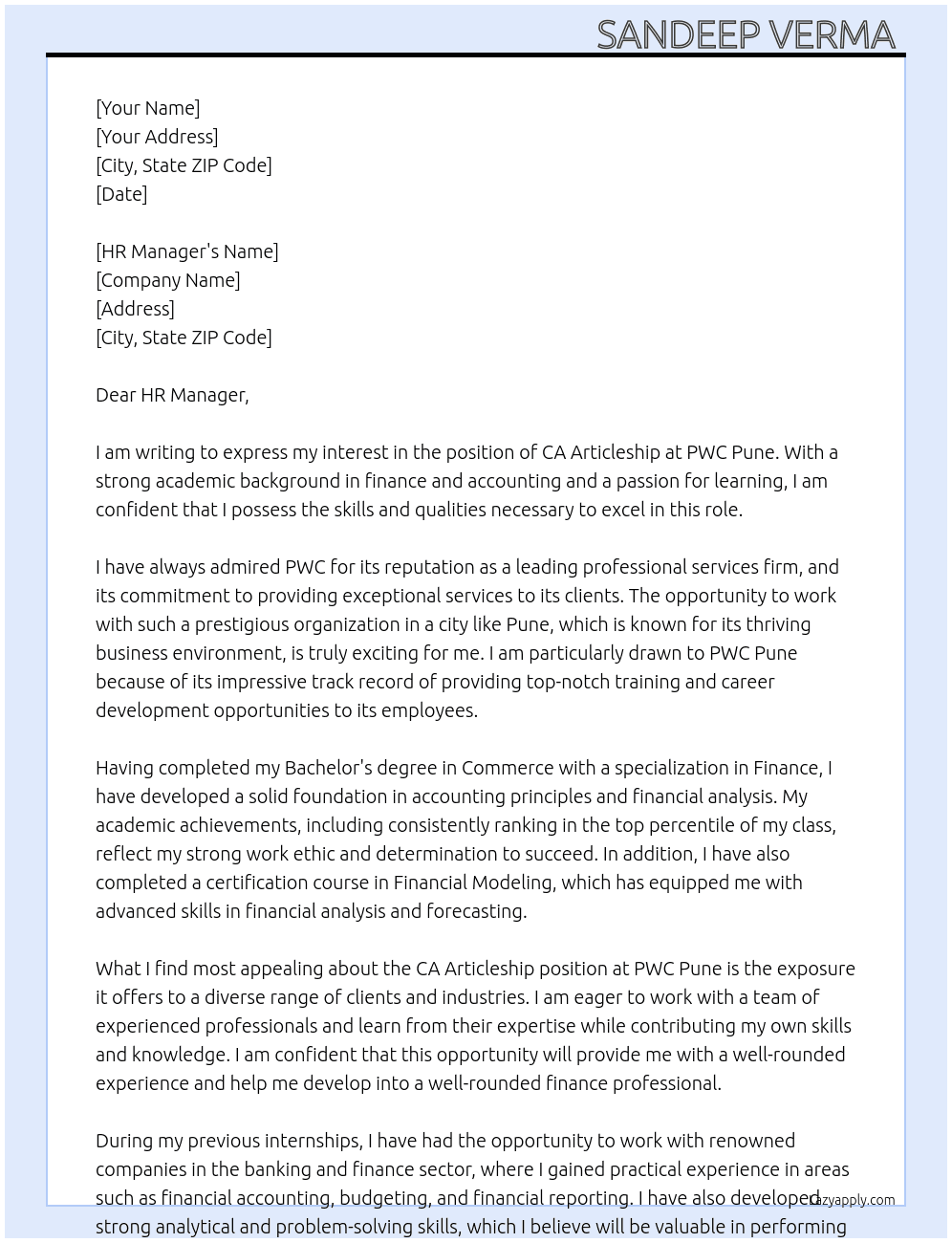 Ca articleship  At PWC PUNE  Cover Letter