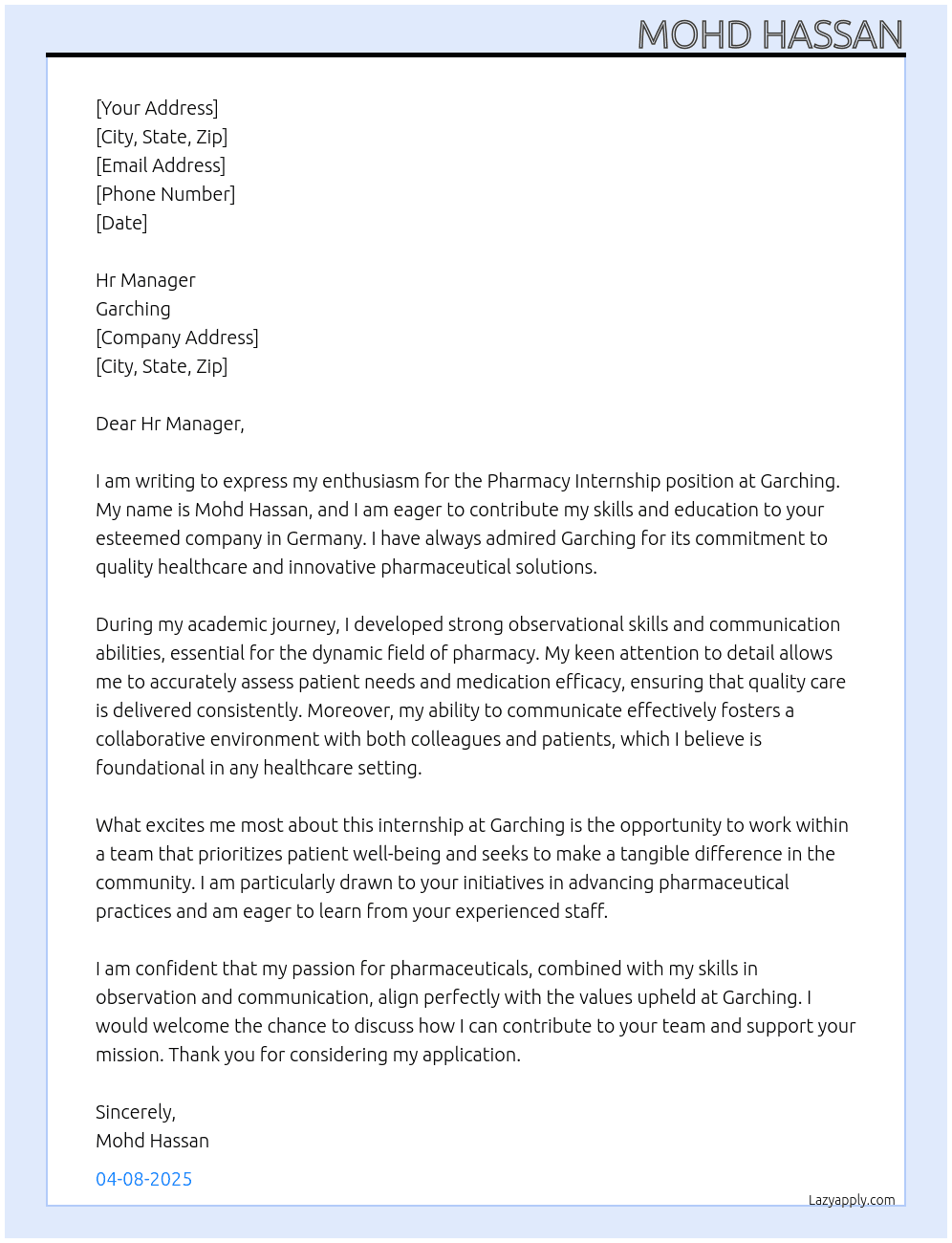 Pharmacy At Garching Cover Letter