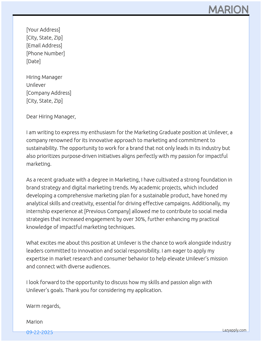 Marketing Gradute At Unilever Cover Letter