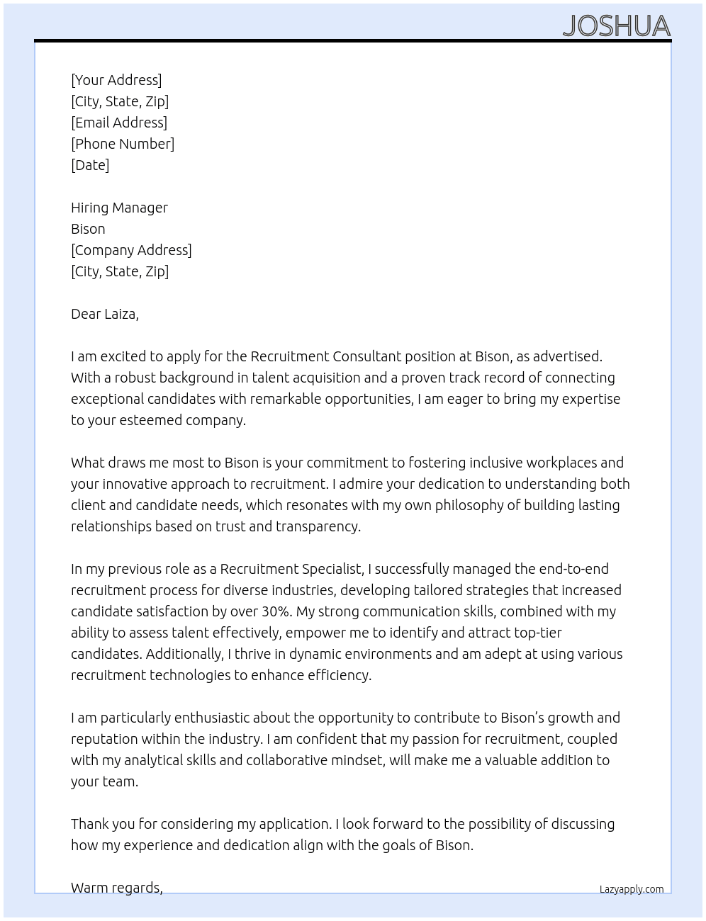 Recruitment Consultant At Bison Cover Letter