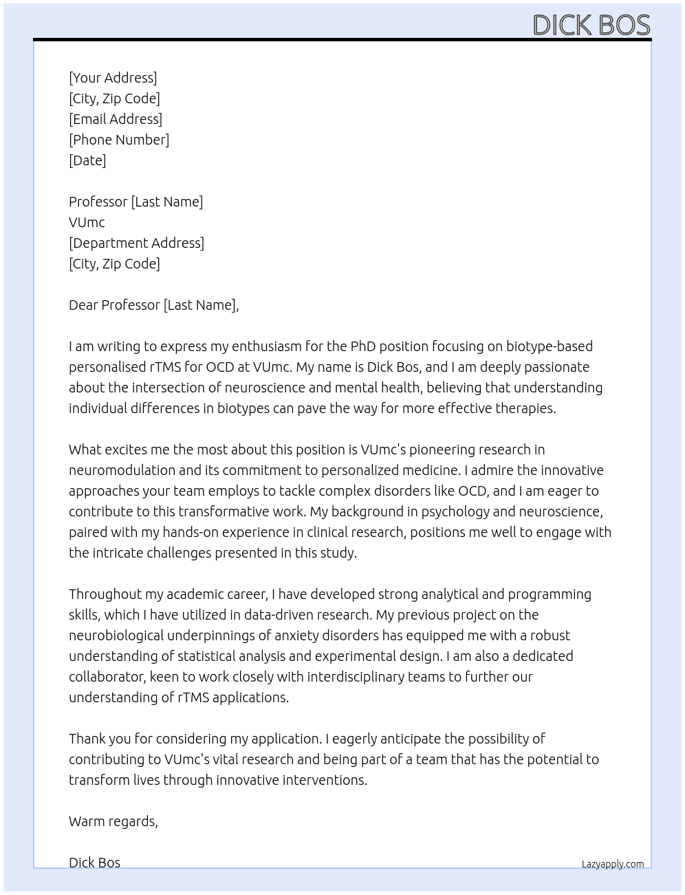 PhD position: Biotype-based personalised rTMS for OCD At VUmc Cover Letter