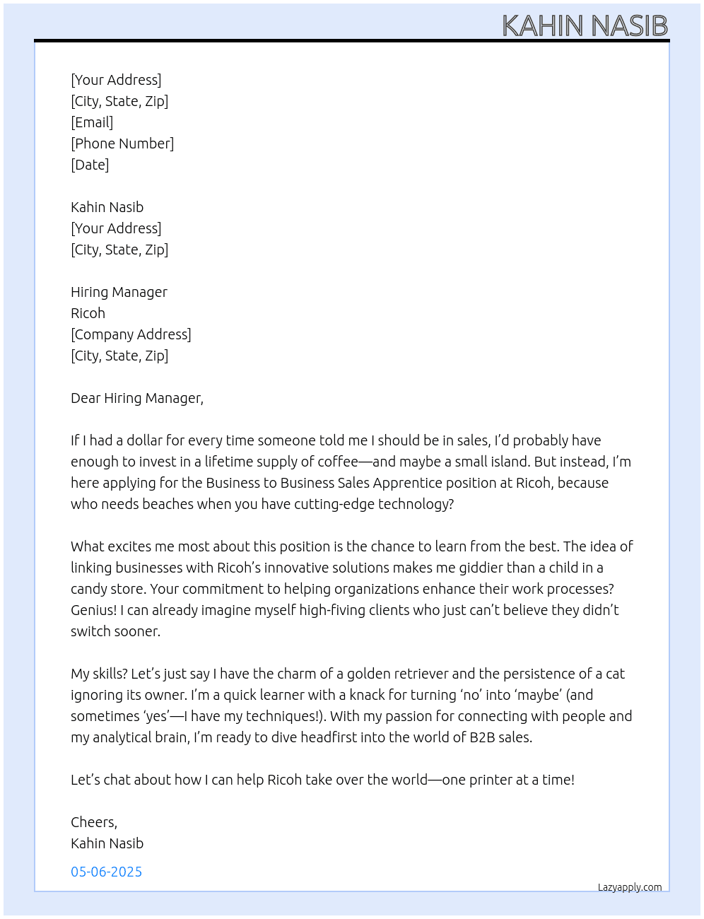 business to business sales apprentice At Ricoh Cover Letter