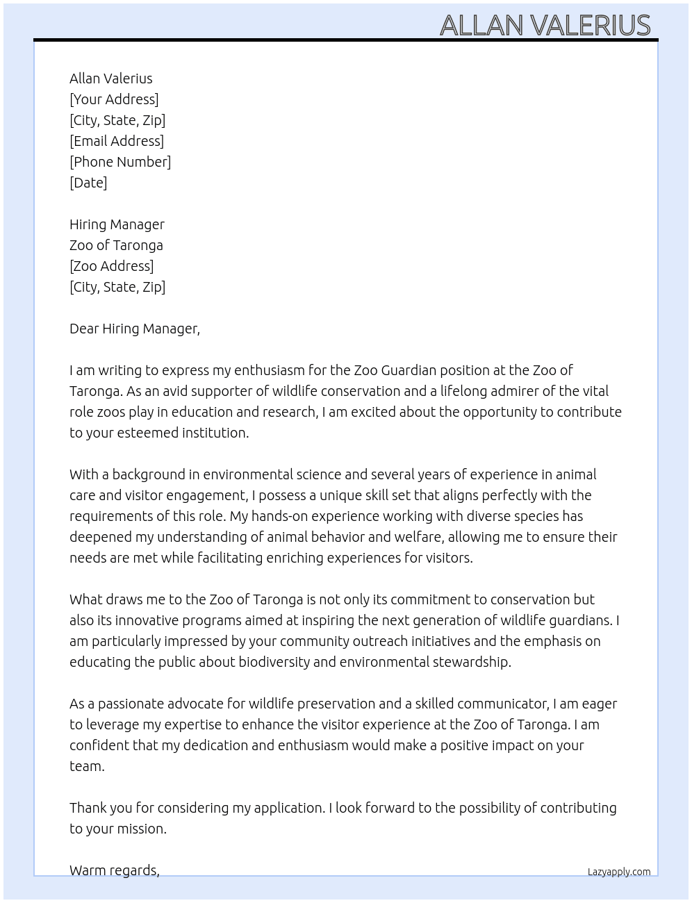 Zoo guardian At Zoo of  Taronga Cover Letter
