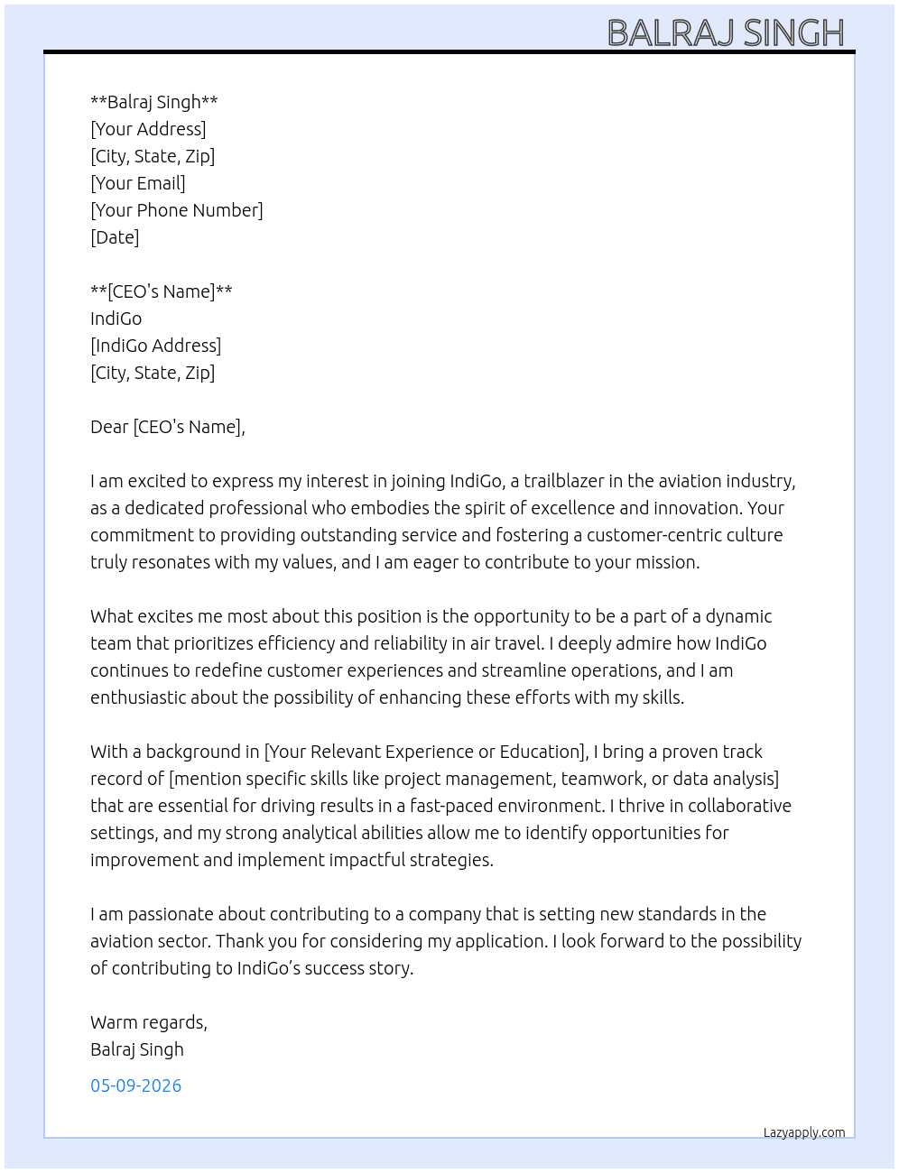 IndiGo  At IndiGo  Cover Letter