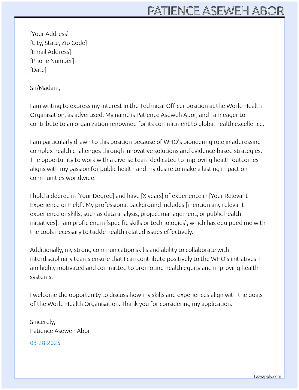 Technical officer At World Health organisation Cover Letter