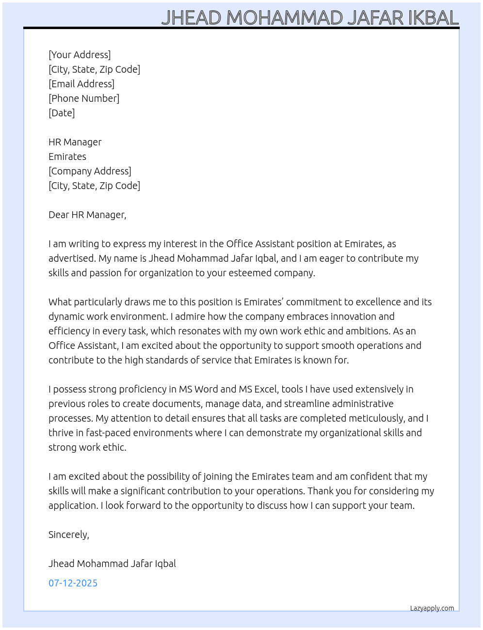 Office Assistant  At Emerates  Cover Letter