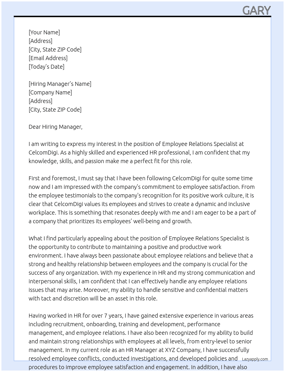 Employee Relations Specialist At CelcomDigi Cover Letter