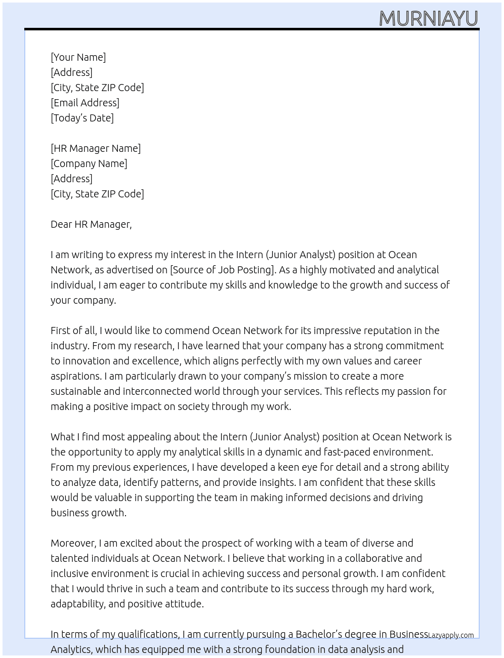 Intern (Junior Analyst) At Ocean Network  Cover Letter