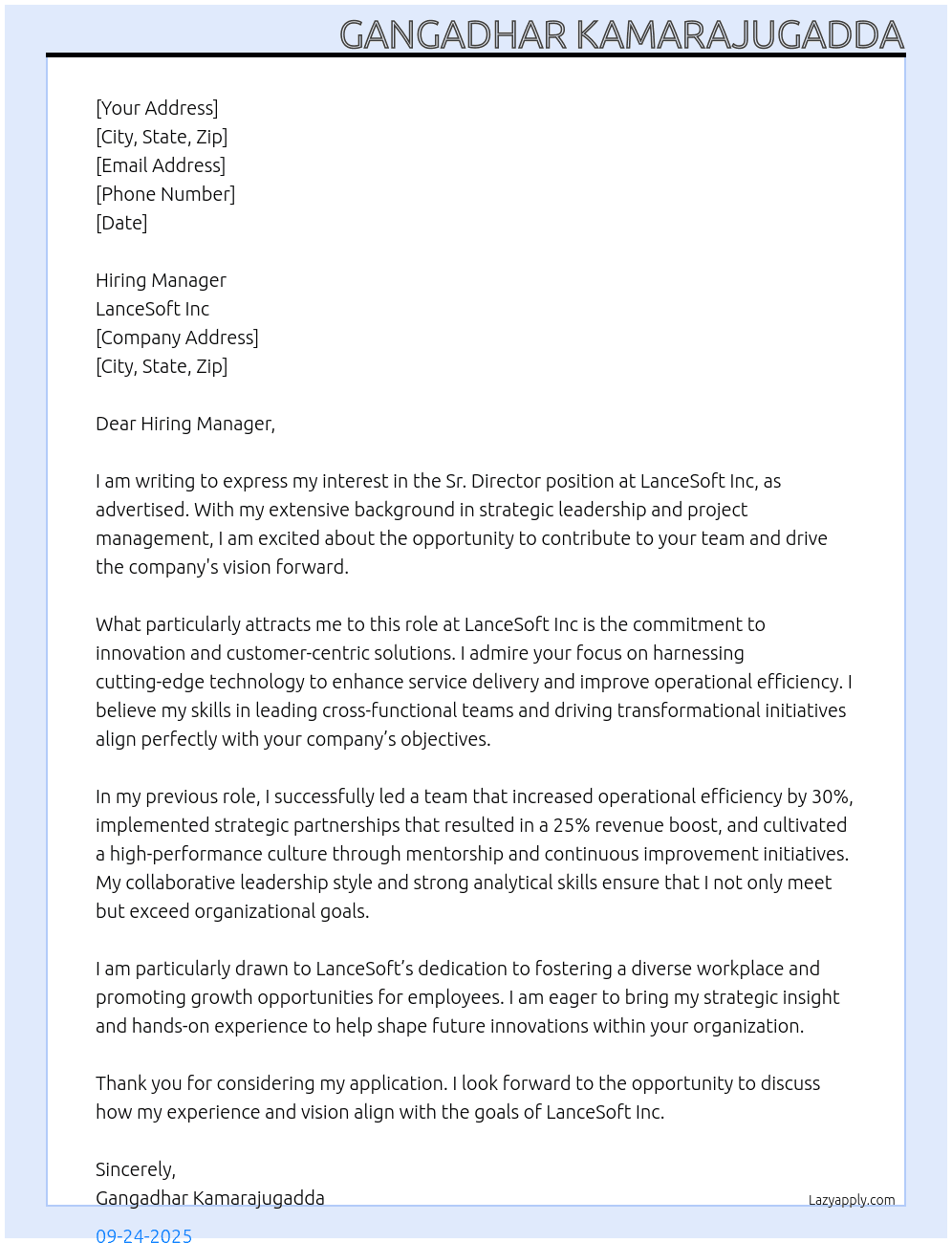 Sr. Director At LanceSoft Inc Cover Letter