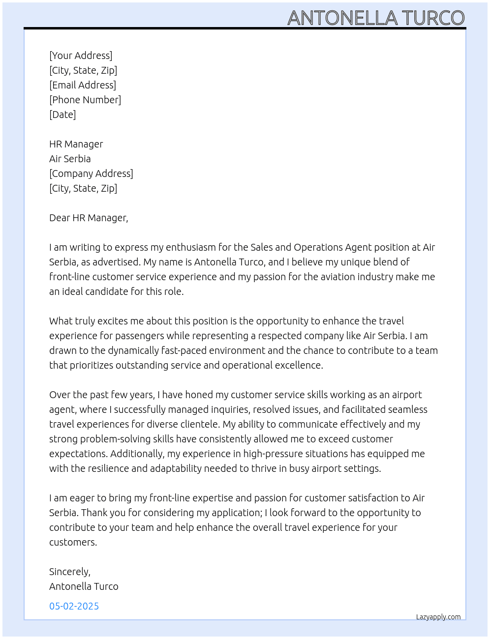 Sales and operations agent At Air Serbia Cover Letter