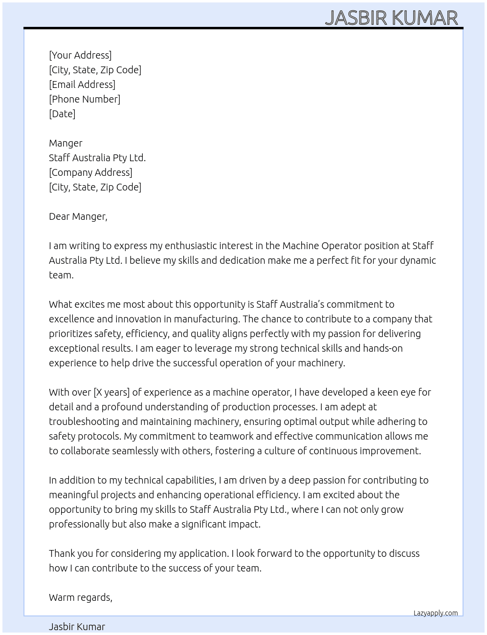 Machine operator  At Staff Australia pty.ltd. Cover Letter