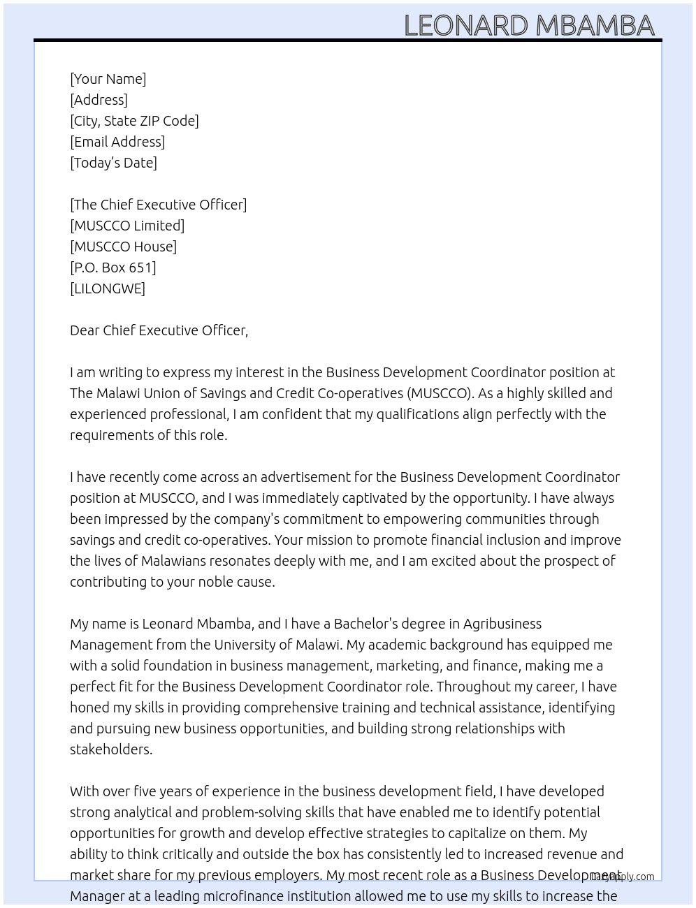 Business Development Coordinator At The Malawi Union of Savings and Credit Co-operatives  Cover Letter