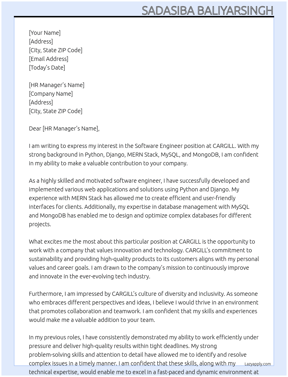 Software Engineer At CARGILL Cover Letter